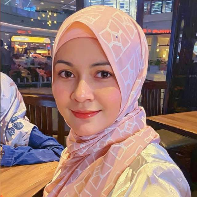 Linda Adam, founder of Hannahku, wearing a modern pink patterned hijab